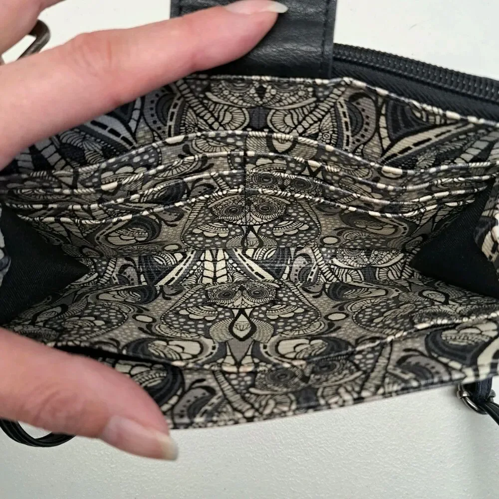 Sakroots Owl Printed Black/Ivory Adjustable Strap Crossbody Wallet/Purse - Picture 5 of 10